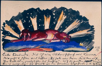 "Altar Sheep from Lana", Franz Marc de Sindelsdorf a Gabriele Münter em Munique: cartão postal, carimbo postal 11.04.1913 de Franz Marc