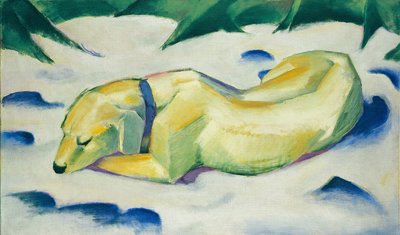 Cachorro deitado na neve de Franz Marc