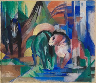 Três cavalos junto à água na floresta de Franz Marc