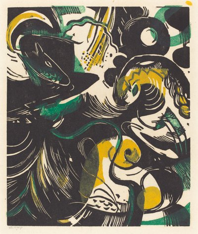 Gênesis II (Schopfungsgeschichte II), 1914 (xilogravura em amarelo, preto e verde) de Franz Marc