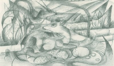 Veado e corça numa paisagem primitiva de Franz Marc
