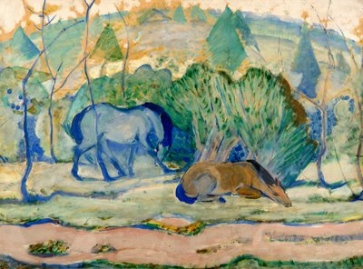 Cavalos no pasto Cavalos em uma paisagem de Franz Marc