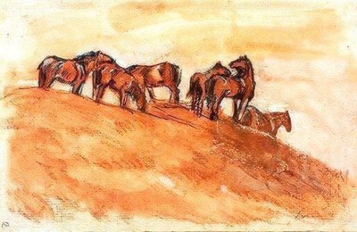 Cavalos de pé no nível da montanha contra o ar de Franz Marc