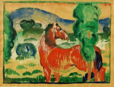 Cavalo vermelho na paisagem colorida de Franz Marc