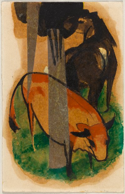 Cavalo vermelho e vaca amarela (cavalo preto-castanho e vaca amarela), postal de Sindelsdorf para Alfred Kubin em Wernstein/Zwickledt de Franz Marc