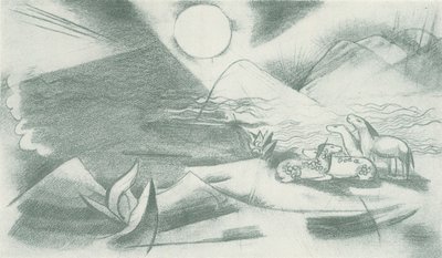 Paisagem intocada com sol, montanhas e um grupo de cavalos de Franz Marc