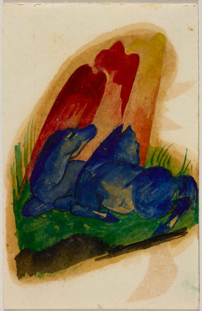 Dois cavalos azuis diante de uma rocha vermelha, postal de Sindelsdorf para Wassily Kandinsky em Munique de Franz Marc
