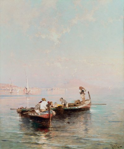 Barco de Pesca na Baía de Nápoles (óleo sobre tela) de Franz Richard Unterberger