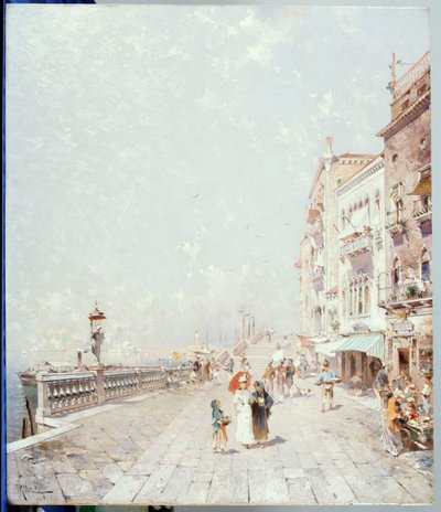 O Molo, Veneza, olhando para o oeste com figuras Promenading de Franz Richard Unterberger