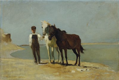 Um rapaz com cavalos na praia de Franz Rumpler