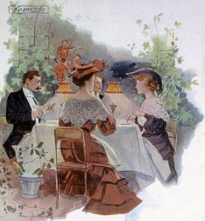 Jantar num restaurante no Bois de Boulogne, c.1900 (ilustração de Franz Schmidt