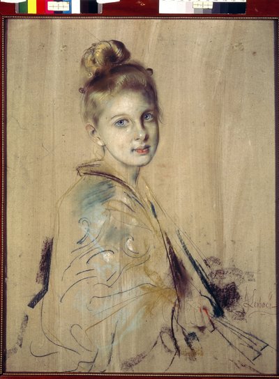 Moça com um fã (Girl With A Fan). Obra de Franz von Lenbach (1836-1904), pastel sobre cartolina, por volta de 1880. Arte alemã do século XIX. State Hermitage, São Petersburgo. de Franz Seraph von Lenbach