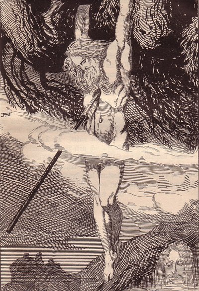 Odin pendurado na árvore do mundo. Ilustração para The Edda: Germanic Gods and Heroes por Hans von Wo de Franz Stassen