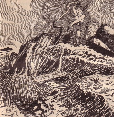 Pesca Thor e Hymir. Ilustração para The Edda: Germanic Gods and Heroes por Hans von Wolzogen de Franz Stassen