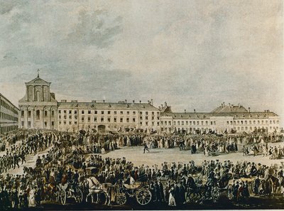Cortejo fúnebre de Ludwig van Beethoven em 1827, desde a Schwarzspanierhaus até à Igreja da Santíssima Trindade na Alsergasse, Viena (aguarela) de Franz Stober