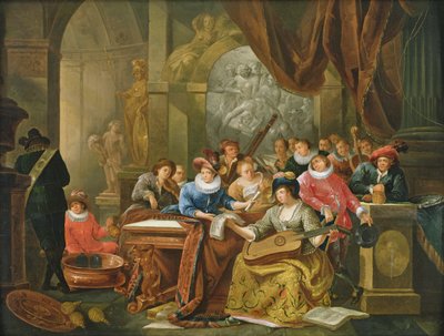 Festa de música em um interior palaciano com estátuas e obras de arte de Franz Verbeeck or Verbeecq