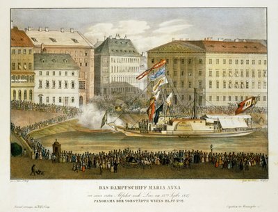 O navio a vapor Maria Anna, partida para Linz 12 ... (litografia) de Franz Wolf