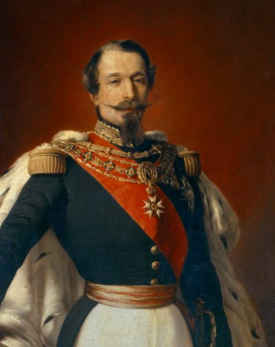 Retrato de Napoleão III (1808-1873), Imperador dos franceses em frente a uma vista do Castelo de Saint Cloud. Detalhe da pintura de Franz Xaver Winterhalter (1806-1873) 1855 Dim. 2,4x1,5 m de Franz Xaver  Winterhalter (after)