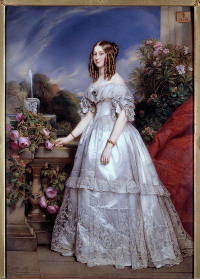 Retrato da Duquesa de Nemours Retrato da Vitória de Saxe-Coburgo-Gotha (1822-1857) esposa do Duque de Nemours. Pintura de M. P. Julien Laurent (1805-1860), depois de Franz Xavier Winterhalter. 1846. Paris, Artes Decorativas - Retrato a todo o comprimento d de Franz Xaver  Winterhalter (after)