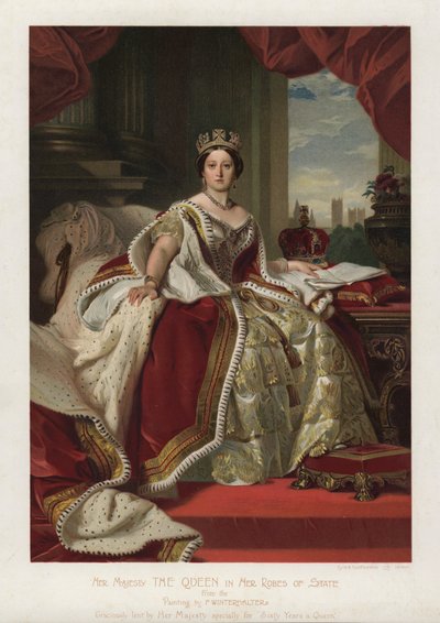 Rainha Vitória em Seus Robes de Estado (cor litho) de Franz Xaver  Winterhalter (after)
