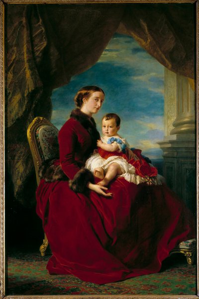 Retratos da Imperatriz Eugenie e do Príncipe Imperial. Eugenie de Montijo (1826 - 1920) e seu filho com Napoleão III, Napoleão Eugene Louis Bonaparte (1856-1879). Pintura de François Xaver Winterhalter (1806-1873) Ec. Todos. de Franz Xaver Winterhalter