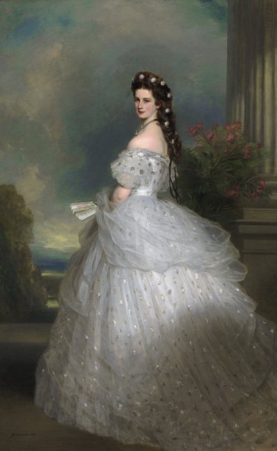 Portuguese: Imperatriz Isabel da Áustria: Tem o cabelo enfeitado com estrelas de ouro branco cravejadas de diamantes. Empress Elisabeth of Austria in Courtly Gala Dress with Diamond Stars de Franz Xaver Winterhalter