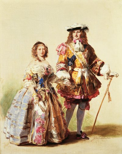 Rainha Vitória e Príncipe Alberto vestindo roupas da Restauração para seu baile em 1851, pintura de Franz Xaver Winterhalter (1805-1873) de Franz Xaver Winterhalter