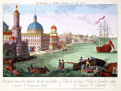 Vista da Baixa da cidade de Quebec em direção ao rio St. Lawrence. Gravura de Franz-Xavier Habermann de Franz Xavier Habermann