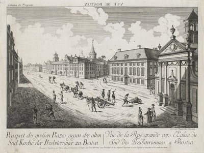 Vue d&39;Optique - Prospect des grossen Plazes gegen der Alten Sud Kirche der Presbiterianer zu Boston (Visão ótica - Visão das grandes praças em direção à Igreja Presbiteriana Old South em Boston), c. 1776 (gravura e gravura, sem cor em papel vegetal) de Franz Xavier Habermann
