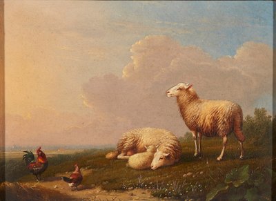 Ovelhas e galinhas em um prado (óleo no painel) de Franz van Severdonck