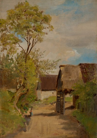 Rua de aldeia em Aresing (?) com figura feminina de Franz von Lenbach