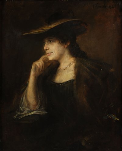 Retrato de uma jovem com gola de pele e chapéu de abas largas de Franz von Lenbach