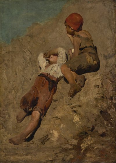 Dois meninos camponeses em uma encosta de Franz von Lenbach
