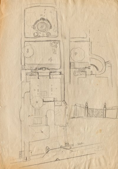 Esboços de design para Matcha Atelier Villa - planta de todo o complexo e jardim, sistema de portão de Franz von Matsch