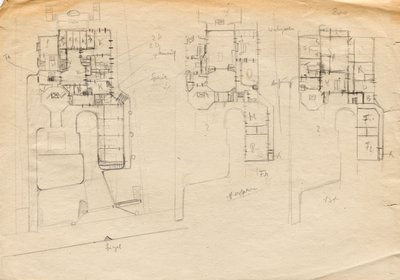 Esboços de design para a vivenda do estúdio Matsch - planta de três andares de Franz von Matsch