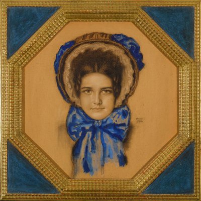 Marie avec un chapeau (tipo capot) - Filha Maria com um chapéu de Poke - Franz-Ritter (Franz Ritter) von Stuck (1863-1928). Gouache, pastel e carvão sobre papelão Dimensão : 55x49,3 cm Coleção Privada de Franz von Stuck