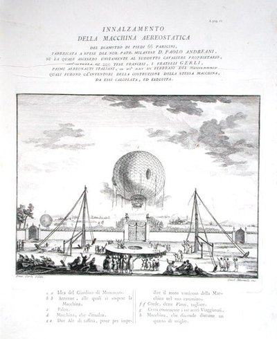 Primeiro vôo de balão de ar quente tripulado na Itália feito por Paolo Andreani (1763-1823) 1784, gravado por Girolamo Mantelli, publicado em 1785 (gravura) (ver também 206819) de Fratelli Gerli (after)
