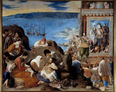 Alegoria da tomada de Salvador de Bahia (Brasil) por um exército português, espanhol e indiano comandado por Fadrique Alvarez de Toledo y Mendoza (1580-1634) em 1 de maio de 1625 (A recaptura da Bahia no Brasil) - Esquerda: o sofrimento das vítimas - Direi de Fray Juan Batista Maino or Mayno
