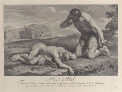 Adão se ajoelha em luto ao lado do corpo de Abel, enquanto Caim foge ao fundo, ca. ..., cerca de 1729. de Frédéric Horthemels