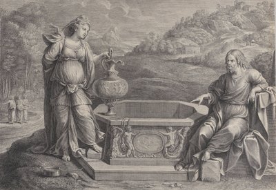 Cristo, sentado à direita, e a mulher de Samaria, que está à esquerda, ca. 1729. de Frédéric Horthemels