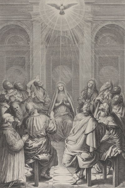 O Pentecostes, com os Apóstolos e a Virgem sentados em círculo, o Espírito Santo ap..., 1729-40. de Frédéric Horthemels