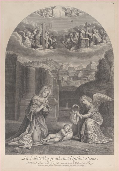 A Virgem Maria adorando o Menino Jesus, um anjo segurando uma coroa de espinhos à direita,..., ca. 1729. de Frédéric Horthemels