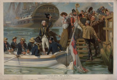 Nelson deixando Portsmouth para navegar para Trafalgar no Victory (chromolitho) de Fred Roe