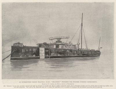 Uma prática alvo interrompida, o HMS Belleisle preparado para novas experiências de artilharia de Fred T. Jane
