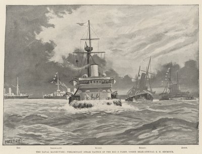 As manobras navais, táticas de vapor preliminares da frota vermelha de B, sob o contra-almirante EH Seymour de Fred T. Jane