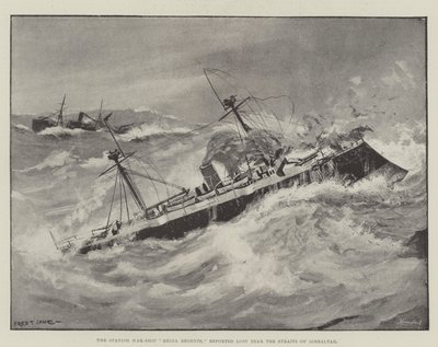O navio de guerra espanhol, Reina Regente, relatou perdido perto do estreito de Gibraltar de Fred T. Jane
