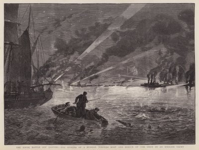 A batalha naval de Dantzig: o afundamento de um barco torpedo russo e o resgate da tripulação por um iate inglês (litho) de Fred T. Jane