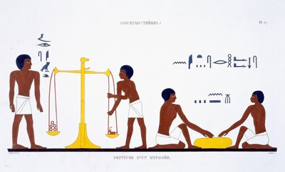 Rituais da Morte (assunto pouco claro), de um Raro Registo de Frescos de Tebas, gravado em 1819-1822 na sua segunda visita ao Egipto por Frederic Cailliaud (1787-1869) (cor litho) de Frederic (after) Cailliaud