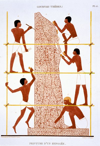 Maçons de pedra fazendo uma estátua colossal do Faraó, de um Raro Registo de Frescos de Tebas, gravado em 1819-1822 na sua segunda visita ao Egipto de Frederic (after) Cailliaud