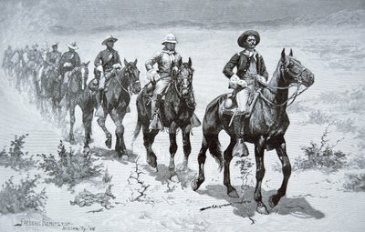 Soldados Búfalos dos EUA marchando no deserto, a partir de um desenho de 1888 (gravação) de Frederic (after) Remington